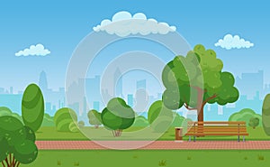 Vector cartoon illustration of a modern empty city park with skyscrapers buildings background.