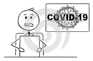 Vector Cartoon Illustration of Newscaster or Newsreader in Television Studio Talking About Coronavirus COVID-19 Disease photo