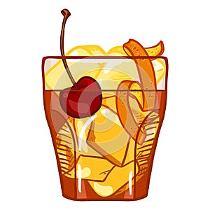 Vector Cartoon Illustration - Old Fashioned Cocktail with Cherry and Orange Peel