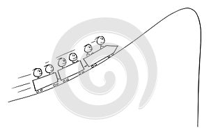 Vector Cartoon Illustration of People or Group of Businessmen on Financial Economical Roller-coaster Facing Drop