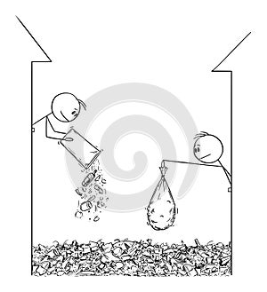 Vector Cartoon Illustration of People Throwing Garbage From Window on the Street. City Overburdened by Waste photo