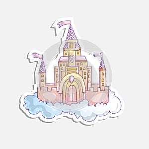 Vector cartoon illustration of pink princess magic castle in clouds. pink princess magic castle in blue clouds, with