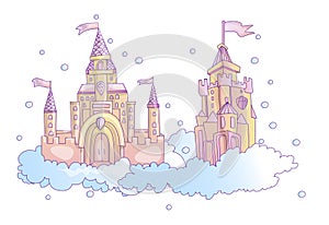 Vector cartoon illustration of pink princess magic castle in clouds. pink princess magic castle in blue clouds, with photo