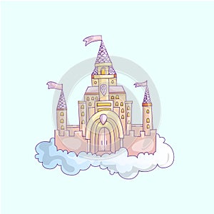 Vector cartoon illustration of pink princess magic castle in clouds. pink princess magic castle in blue clouds, with photo
