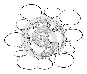 Vector Cartoon Illustration of Planet Earth or Globe With Empty Speech, Talk or Text Bubbles or Balloons.Global World