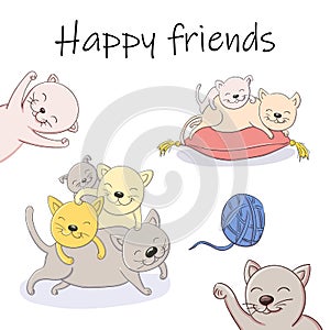 Vector cartoon illustration of playing kittens happy friends