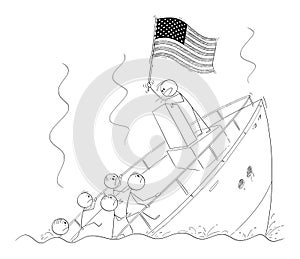 Vector Cartoon Illustration of Politician or Leader Holding US Flag and Having Speech During Ship Sinking Ignoring the