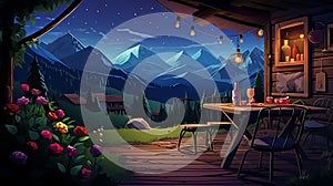 a vector cartoon illustration portraying a wooden cabin\'s terrace with carefully arranged garden furniture