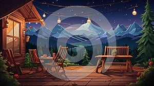 a vector cartoon illustration portraying a wooden cabin\'s terrace with carefully arranged garden furniture