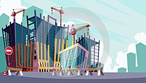 Vector cartoon illustration of the process of the construction of buildings