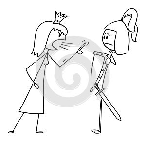 Vector Cartoon Illustration of Queen or Princess Yelling at Knight or Warrior or Prince.Relationship Problem.