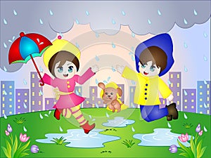 Vector Cartoon illustration of Rainy Day with a boy, girl and puppy photo