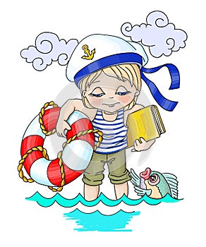 .Vector cartoon illustration relaxation the sea,boy-seafarer with a narrow circle