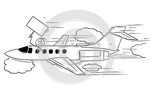 Vector Cartoon Illustration of Rich Man, Celebrity Person or Businessman Flying with Private Jet Aircraft and Holding