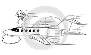 Vector Cartoon Illustration of Rich Man, Celebrity Person or Businessman Flying with Private Jet Aircraft and Holding
