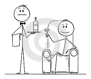 Vector Cartoon Illustration of Rich Man Sitting in Armchair with Glass in Hand and His Servant or Valet Standing Near
