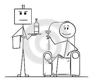 Vector Cartoon Illustration of Rich Man Sitting in Armchair with Glass in Hand and Robot as His Servant or Valet