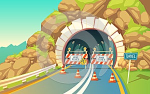 Vector background with roadwork in tunnel, highway photo