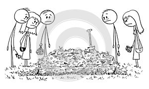 Vector Cartoon Illustration of Sad People, Friends or Family Members on Burial Ceremony photo