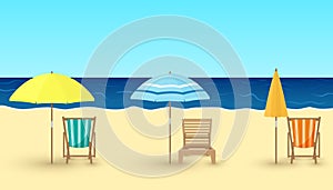 Vector cartoon illustration of sandy beach, chairs, umbrellas on sea background.