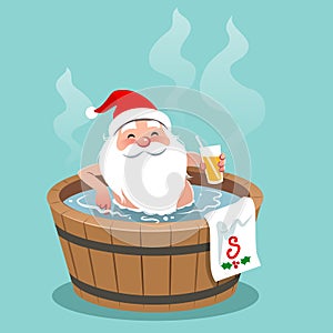 Vector cartoon illustration of Santa Claus sitting in a wooden b