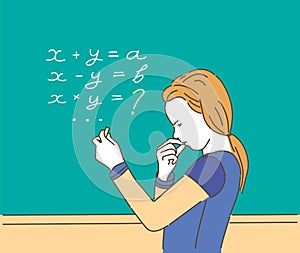 Vector cartoon illustration of school girl on lesson, sitting at desk and learning