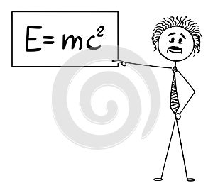 Vector Cartoon Illustration of Scientist or Physicist Pointing at Sign with E Equals mc2 Equation of Special