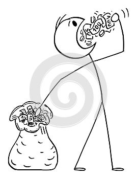 Vector Cartoon Illustration of Selfish Wealthy Scrooge Man or Businessman Eating Money or Cash From Bag.