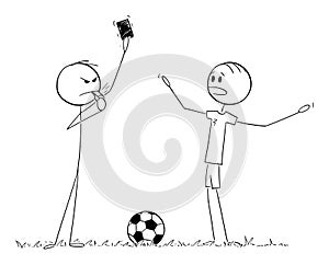 Vector Cartoon Illustration of Serious Football or Soccer Referee Showing Red Card to Player