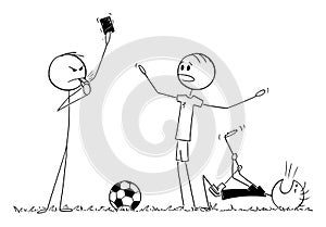 Vector Cartoon Illustration of Serious Football or Soccer Referee Showing Red Card to Player