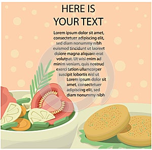 Vector cartoon illustration set food in plates decorated on border. There is empty space for text.