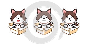 Vector cartoon illustration set of ragamuffin cat showing different emotions in cardboard boxes