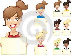 Vector cartoon illustration of sexy, cute woman holding banner