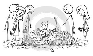 Vector Cartoon Illustration of Shocked People, Friends or Family Members on Burial Ceremony. Buried Alive Man is Coming