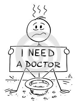 Vector Cartoon Illustration of Sick Beggar Man Begging For Money to Pay a Doctor for Medical Treatment or Therapy