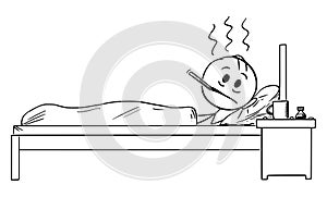 Vector Cartoon Illustration of Sick Man With Illness of Flu or Cold Lying in Bed