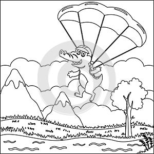 Vector cartoon illustration of skydiving with litlle crocodile with cartoon style Childish design for kids activity colouring book