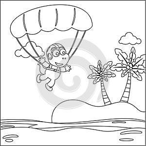 Vector cartoon illustration of skydiving with litlle dinosaur with cartoon style Childish design for kids activity colouring book