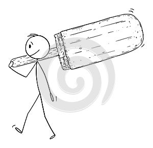 Vector Cartoon Illustration of Small Stick Man Holding and Carrying Big Popsicle or Ice Lolly