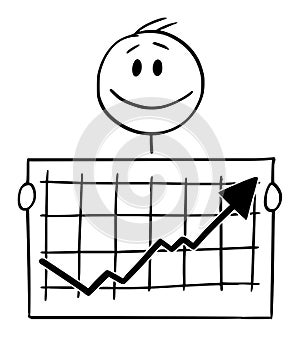 Vector Cartoon Illustration of Smiling Happy Man or Businessman Holding Growing or Rising Financial Graph or Chart