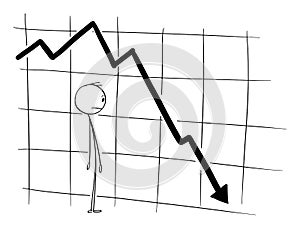 Vector Cartoon Illustration of Stock Market Investor or Businessman Watching Falling Financial Graph or Chart. Concept