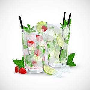 Vector illustration of strawberry and classic Mojito cocktails on white.