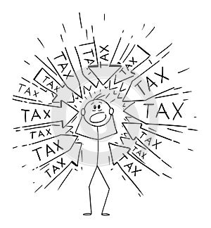 Vector Cartoon Illustration of Stressed Man or Businessman With Many Arrows Pointing at Him Requesting to Pay Tax or