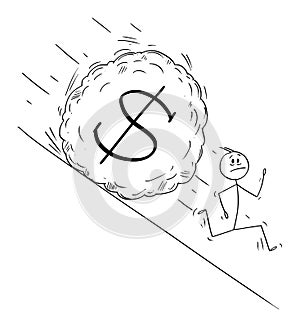 Vector Cartoon Illustration of Stressed Man or Businessman Running Away From Boulder Rolling Down Hill. Financial