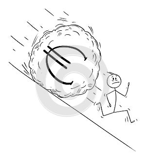 Vector Cartoon Illustration of Stressed Man or Businessman Running Away From Boulder Rolling Down Hill. Financial