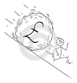 Vector Cartoon Illustration of Stressed Man or Businessman Running Away From Boulder Rolling Down Hill. Financial