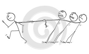 Vector Cartoon Illustration of Strong Individual Man or Businessman Dragging His Team, Colleagues or Competitors