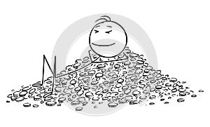 Vector Cartoon Illustration of Successful Man or Businessman Enjoying Lying on Pile of Coins or Money