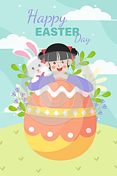 Vector cartoon illustration of three easter cards in a trendy flat style with spring flowers, eggs, and rabbit. Bright