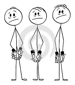 Vector Cartoon Illustration of Three Frustrated Men or Gang or Arrested Criminals or Prisoners or Slaves in Chains With